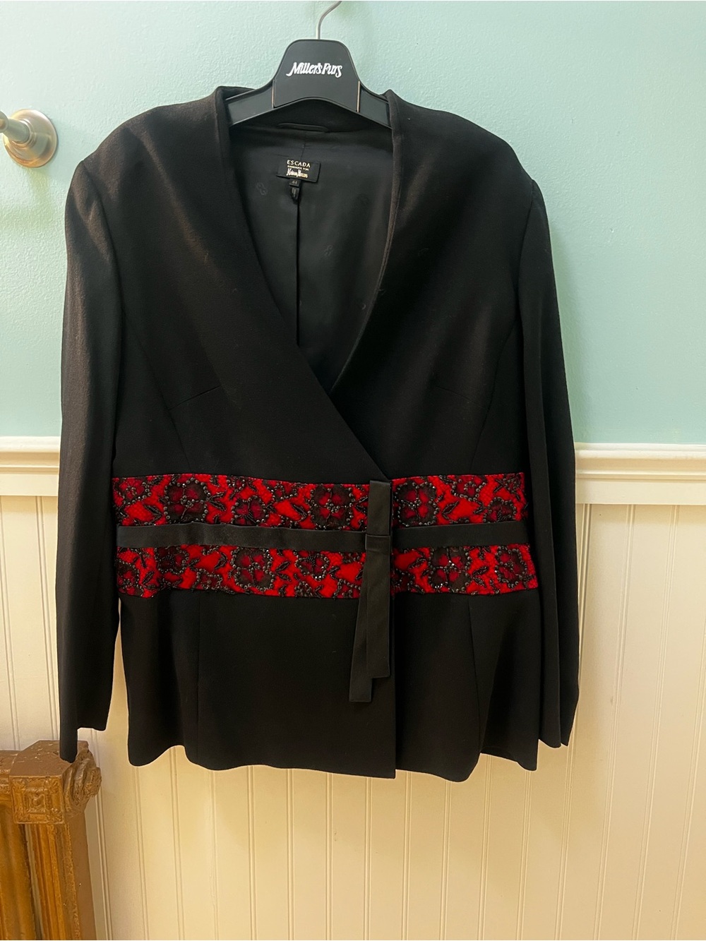 Escada Black Wrap Jacket with Red Beaded Waist Panels